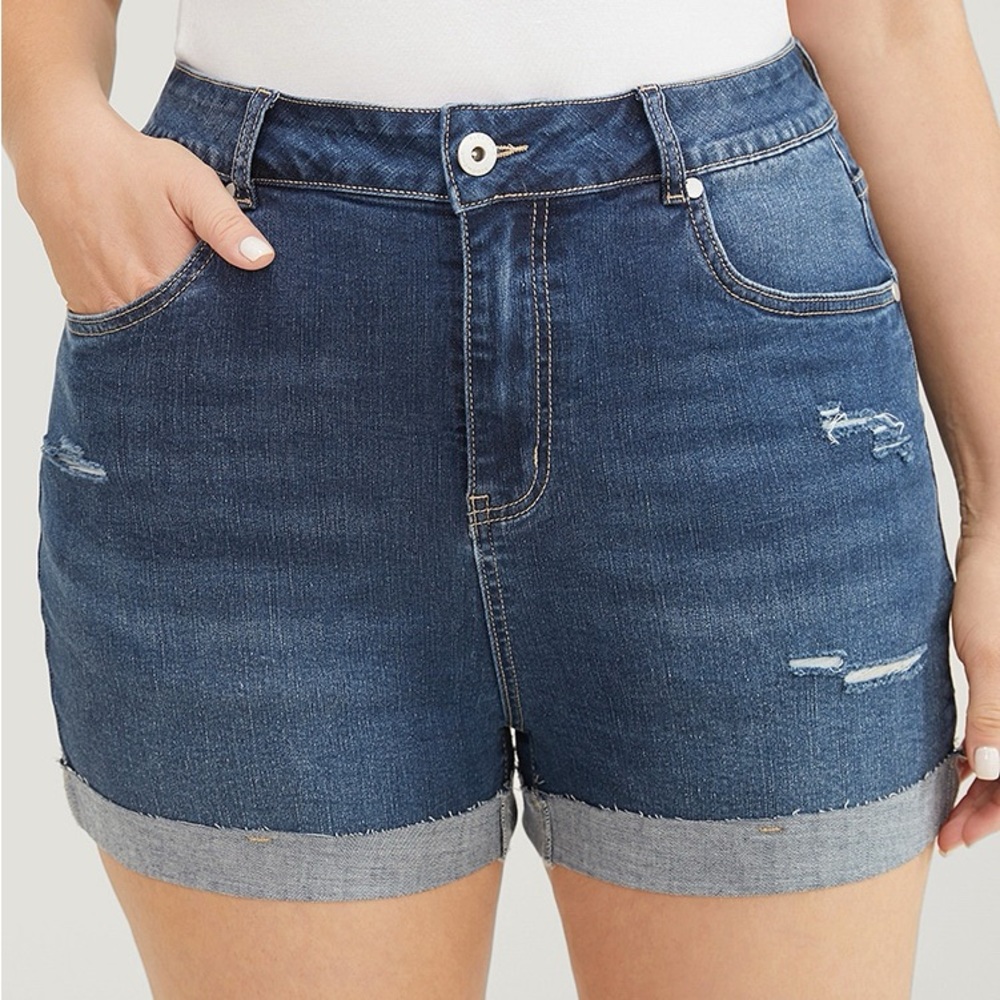 BloomChic Stretchy Roll Hem Distressed Denim Shorts Plus Size 16 1X